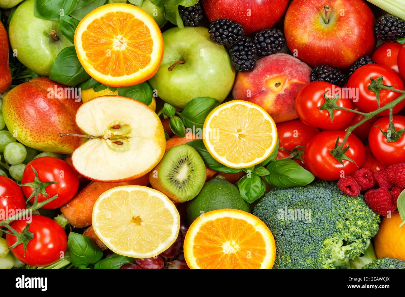 Lebensmittel Hintergrund Obst und Gemüse Sammlung Äpfel Tomaten Obst Gemüse Stockfoto