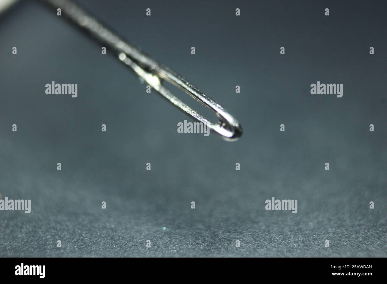 Kleine Nadel mit leerer Öse, isoliert über dem schwarzen Hintergrund. Stockfoto
