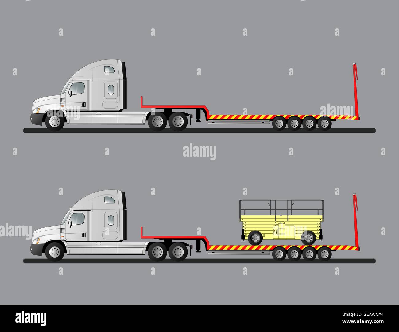 Amerikanischer Tieflader LKW mit und ohne Ladung. Stock Vektor