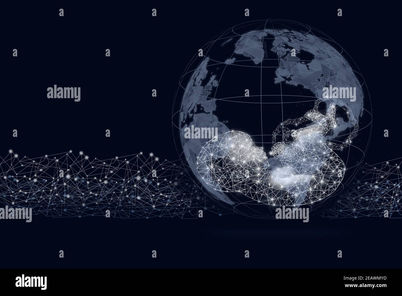 Weltkugel-Form mit Gologramm Fötus auf dunkelblauem Hintergrund. Leben auf der Erde - Umwelt und Ökologie Konzept. Stockfoto