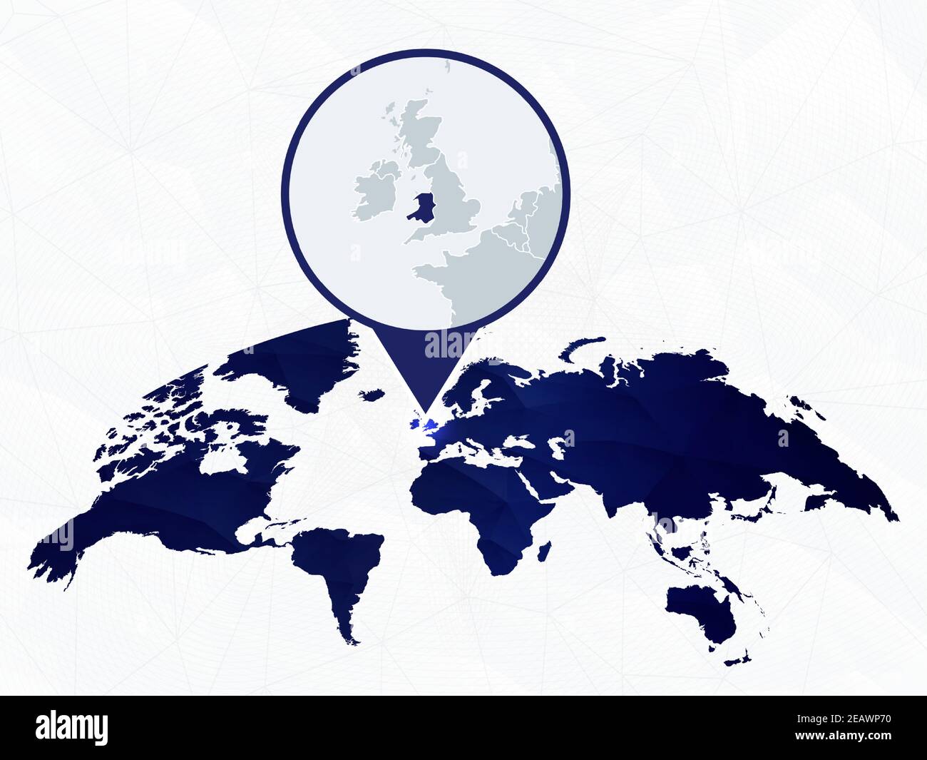 Wales Detailkarte hervorgehoben auf blauer abgerundeter Weltkarte. Karte von Wales im Kreis. Stock Vektor