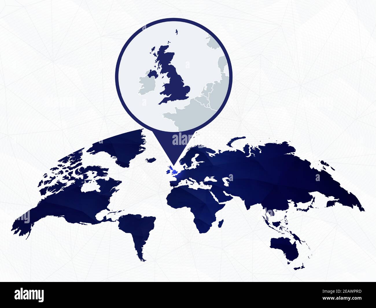 Großbritannien Detailkarte auf blauer abgerundeter Weltkarte hervorgehoben. Karte von Großbritannien im Kreis. Stock Vektor