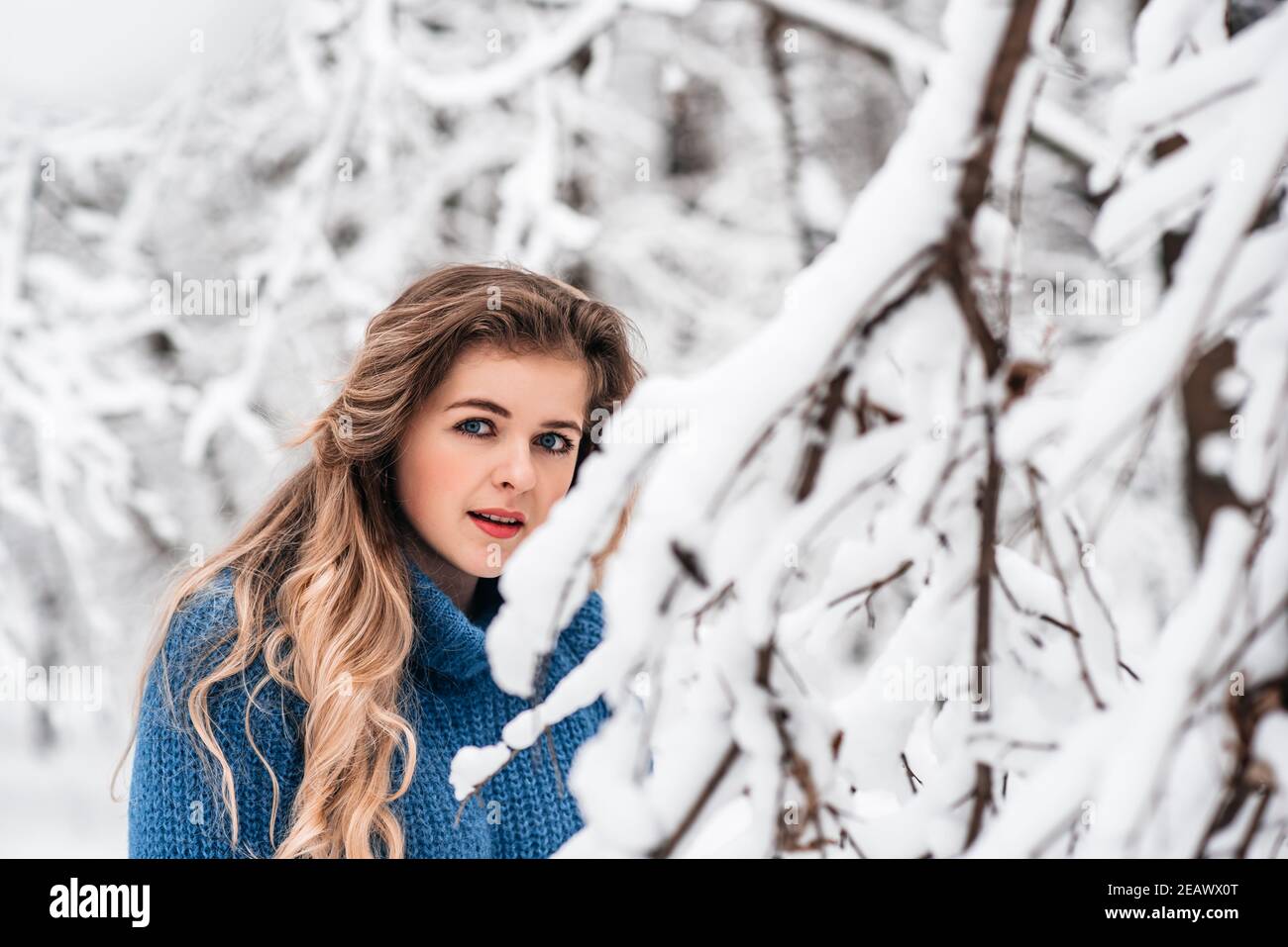 Schöne Winter Mädchen in einem blauen gemütlichen Strickpullover spielen Mit Schnee Stockfoto
