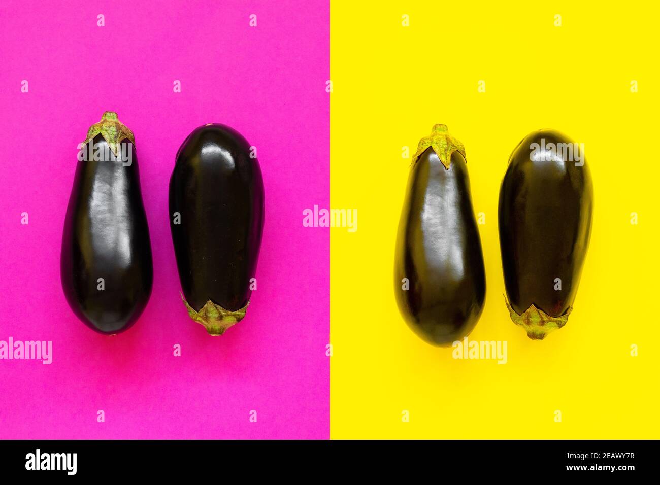 Auberginen bunte Composite isoliert in Fuchsia und gelben Hintergrund betrachtet Von oben - flach aussehen Stockfoto