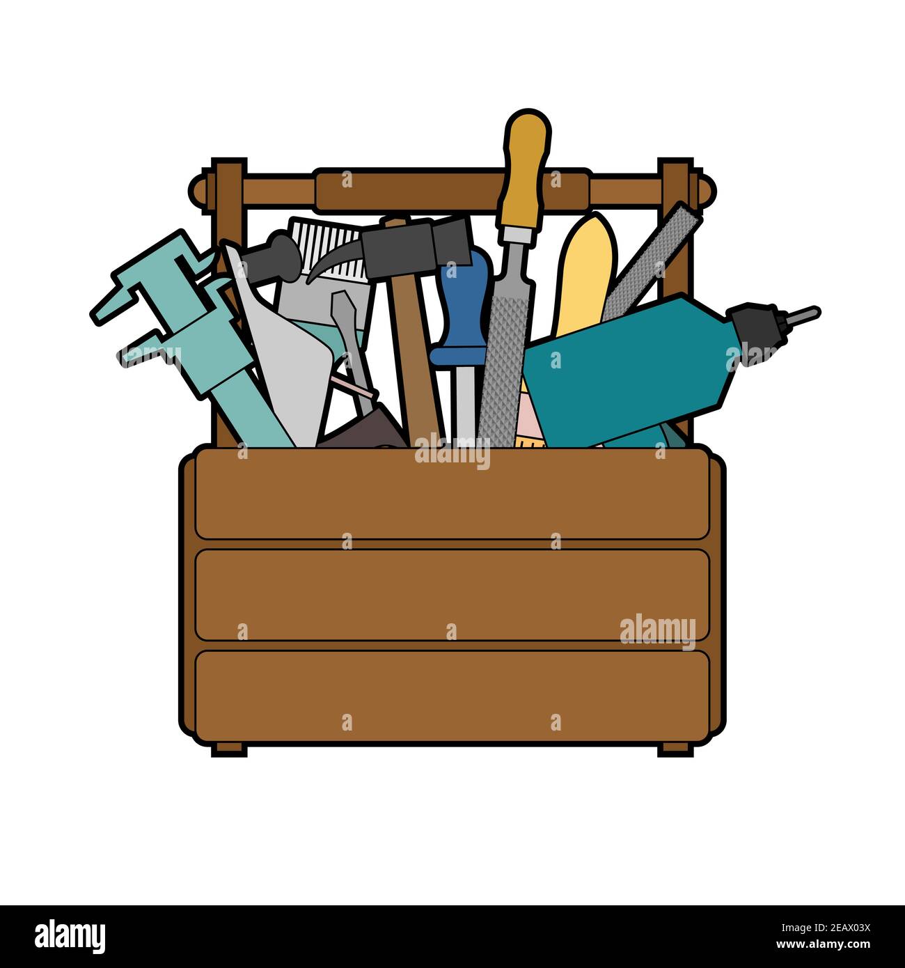Volle Werkzeugkiste mit Werkzeugen. Werkzeugkiste aus Holz. Hammer und Bohrer. Schraubenschlüssel und Messschieber. Schraubendreher und Bürste. Stock Vektor