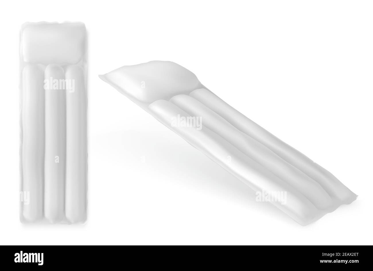 Aufblasbare Wassermatratze für Pool oben und Winkel Ansicht, Gummi-Zubehör Mockup, leeres Bett zum Schwimmen und Sommer Strand Aktivität isoliert auf weißem Hintergrund, realistische 3D Vektor-Illustration Stock Vektor