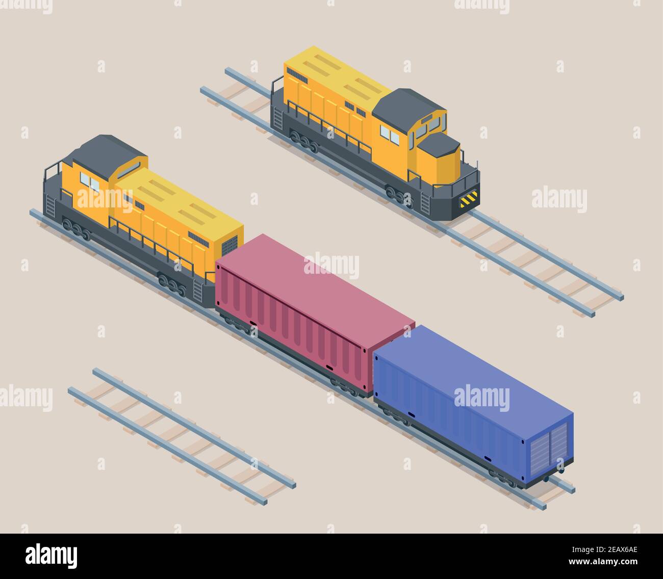 Vektor isometrische Abbildung der gelben Güterzug mit roten und blauen Containern. Eisenbahnelemente. Vorder- und Rückseite der Lokomotive. Stock Vektor