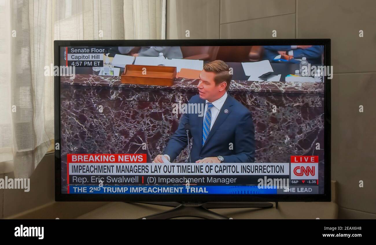 CNN Live-Berichterstattung über Trump 2nd Amtsenthebungsverfahren Stockfoto