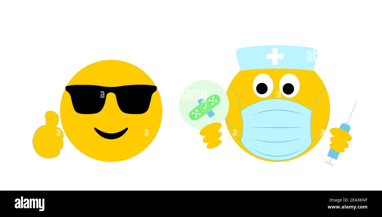 Cool lächelnde Daumen nach oben emoji bekommen Ich habe meine Jab heute Aufkleber von lächelnden medizinischen emoji mit Impfspritze, Grippe covid 19 medizinische Impfung Stockfoto