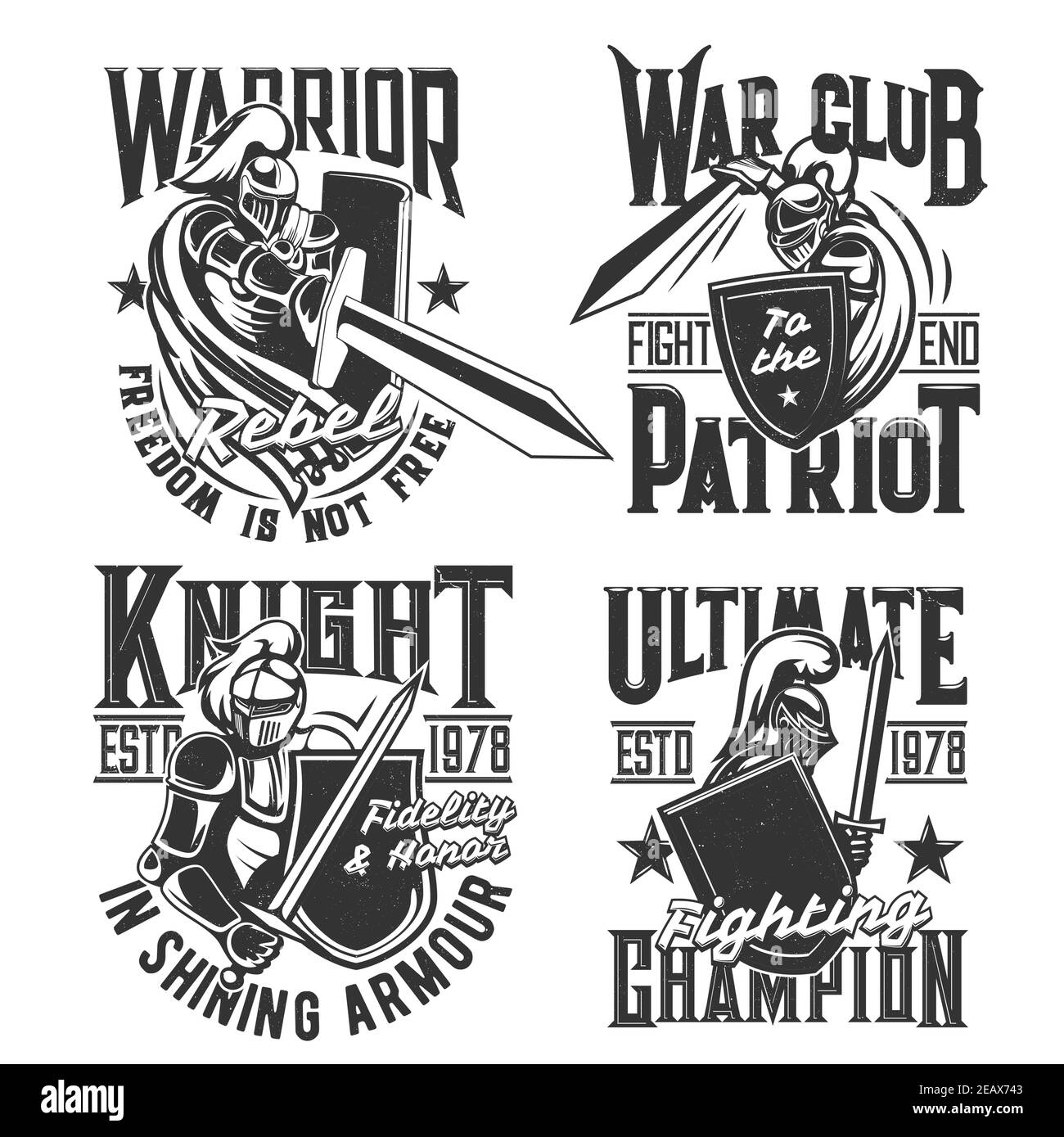 T-Shirt-Print mit Ritter halten Schild und Schwert Vektor Maskottchen, mittelalterliche Krieger in Helm Angriff. Monochrome Krieger- und Soldaten-Charaktere und Typografie Stock Vektor