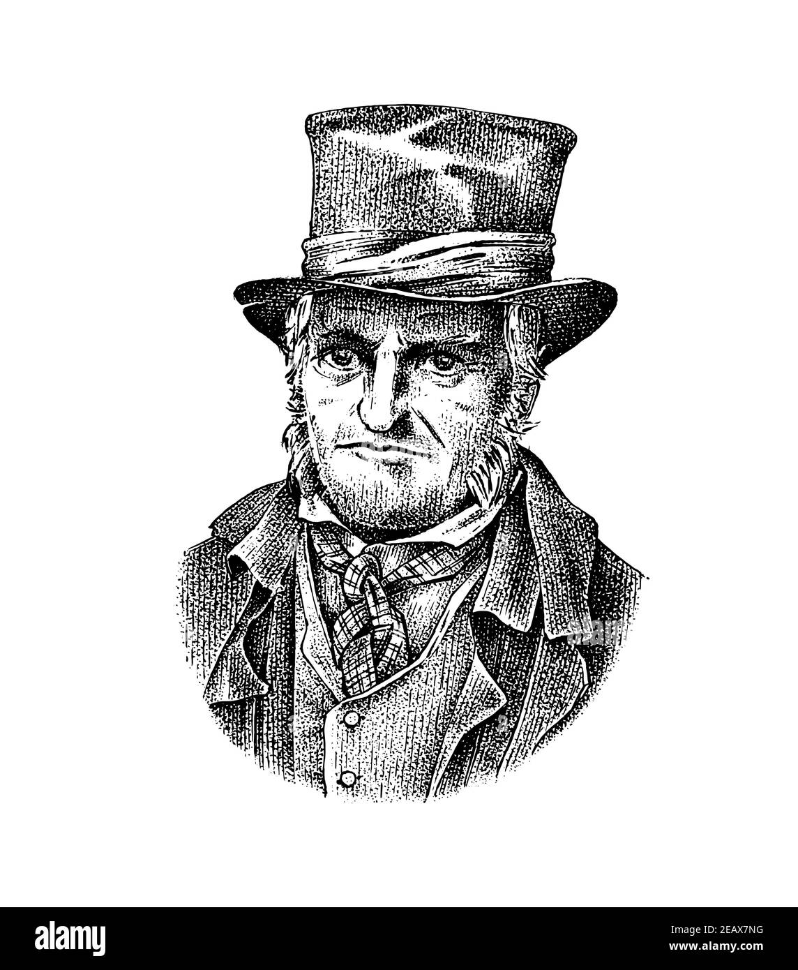 Alter Mann in einem Vintage-Anzug. Armer Bauer im Hut. Viktorianischer Charakter, antiker Stil. Eingravierte Skizze. Stock Vektor