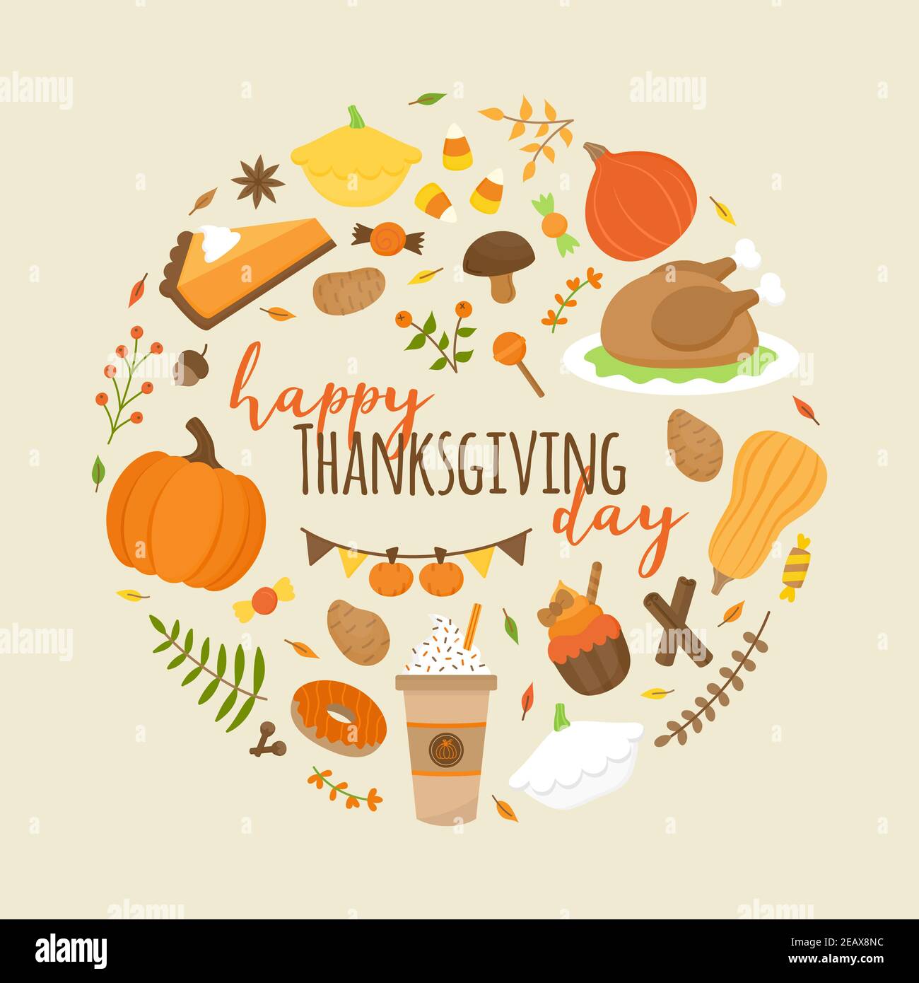 Happy Thanksgiving Tag Vektor Runde Illustration Grafik. Herbst Danksagung Grußkarte Design. Lebensmittel und Pflanzen Symbole im Kreis um das Schreiben. Iso Stock Vektor
