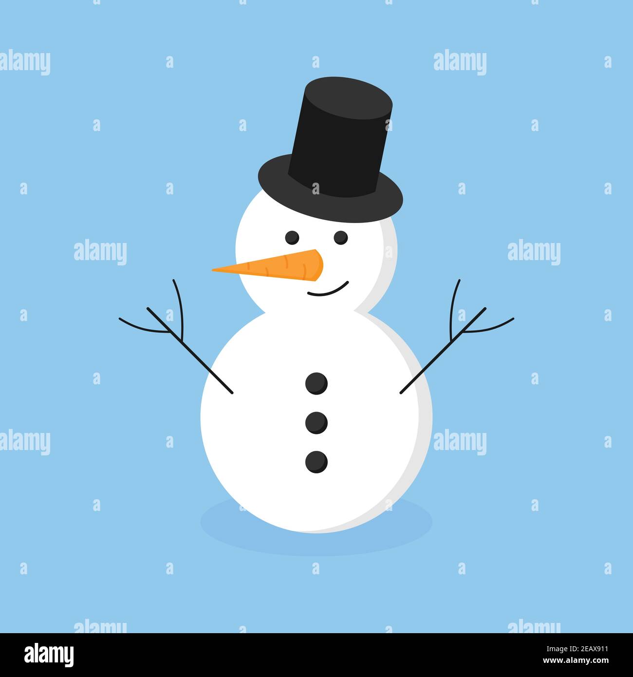 Winter Schneemann Vektor Illustration Symbol. Saisonal, Urlaub, weihnachten Schneemann mit Karottennase, Augen, Knöpfe, Ast Arme und Hut. Isoliert auf blau b Stock Vektor