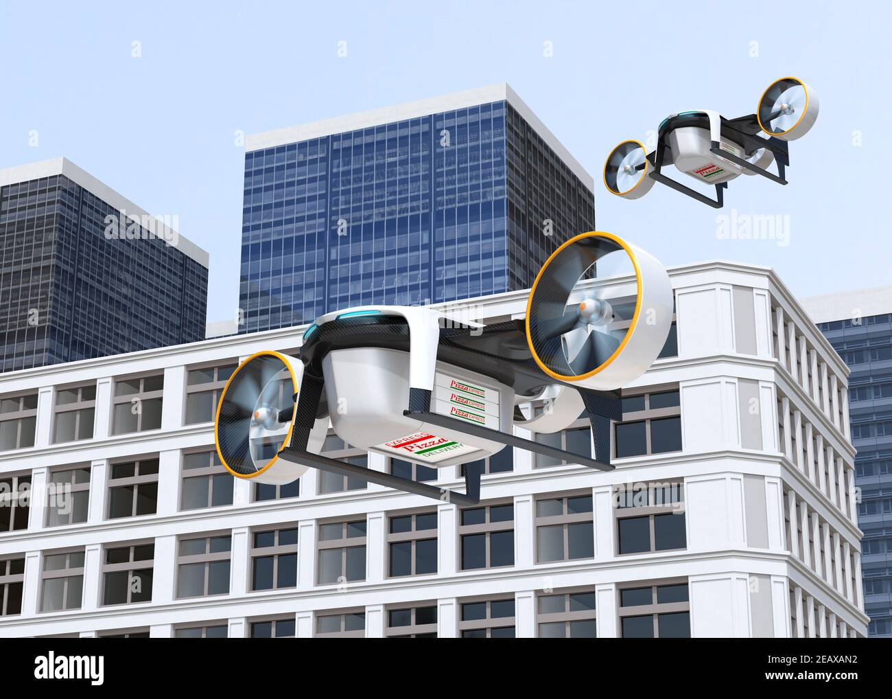 VTOL Lieferung Drohne tragen Pizzakisten fliegen in den Himmel. 3D Bildwiedergabe. Stockfoto