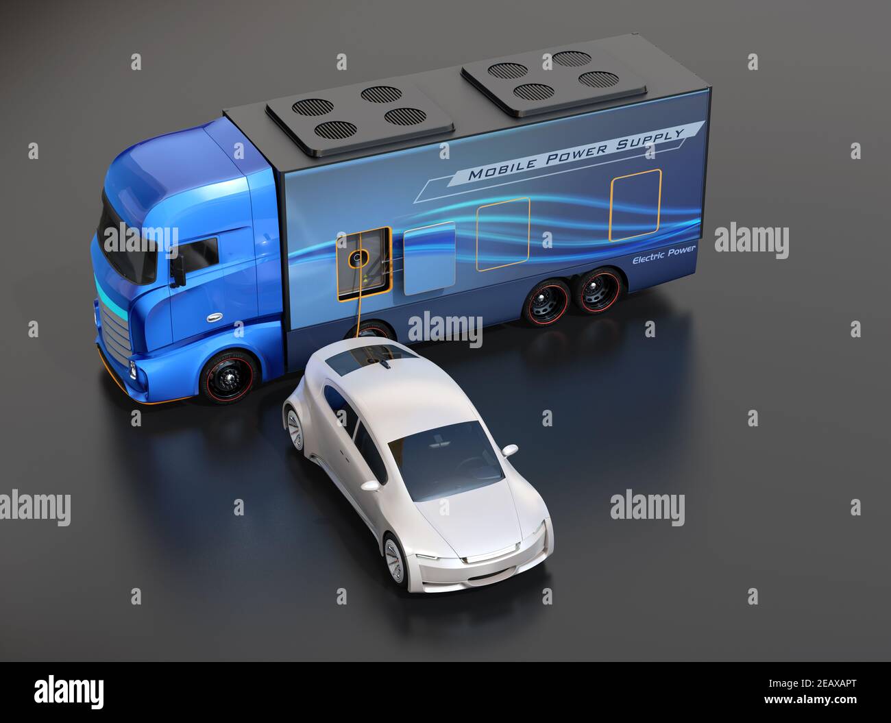 Elektroauto laden von einem Energieversorgungswagen auf dunklem Hintergrund. Mobile Ladestation Konzept. 3D Bildwiedergabe. Stockfoto