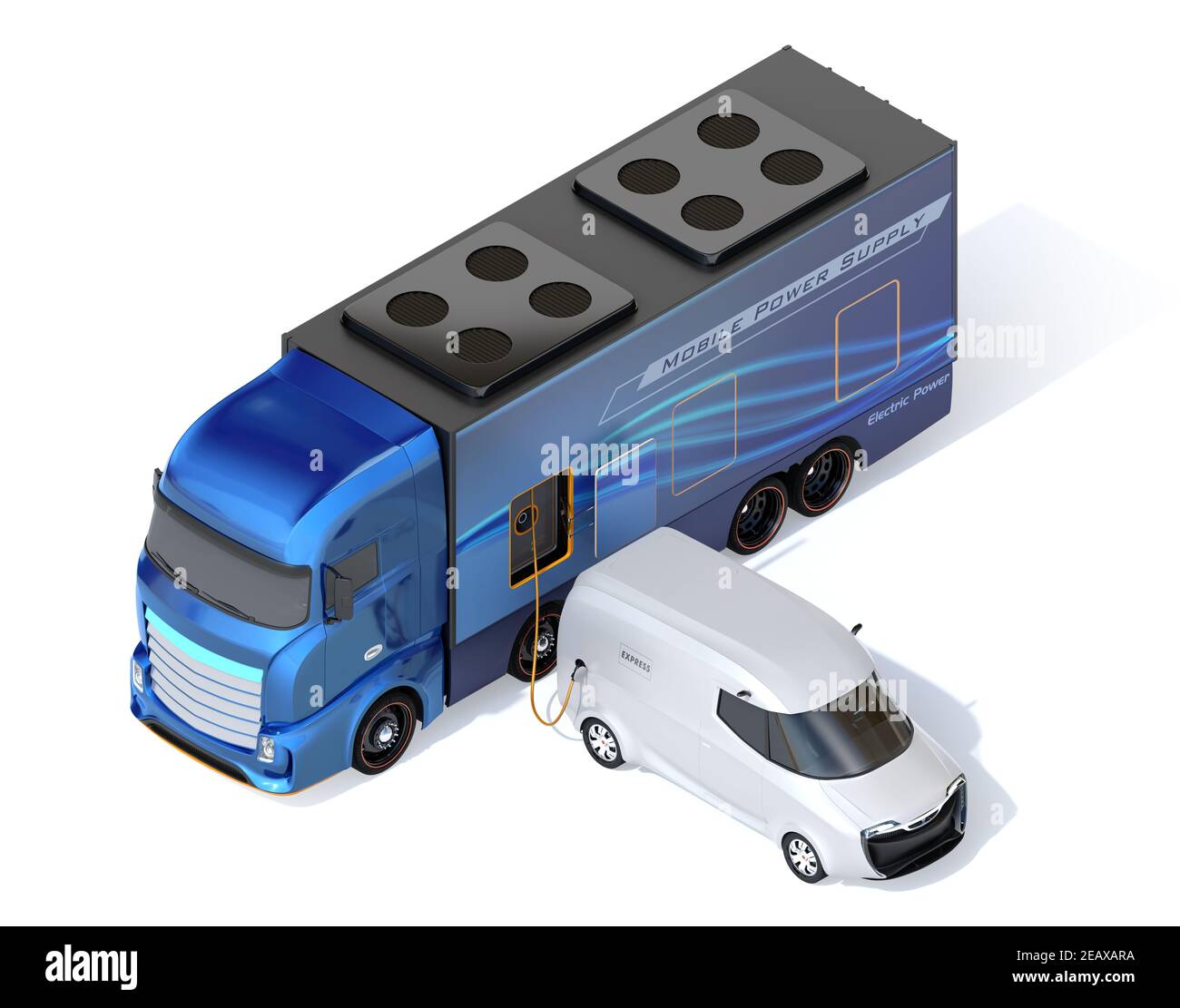 Elektroauto laden von einem Energieversorgungswagen auf weißem Hintergrund. Mobile Ladestation Konzept. 3D Bildwiedergabe. Stockfoto