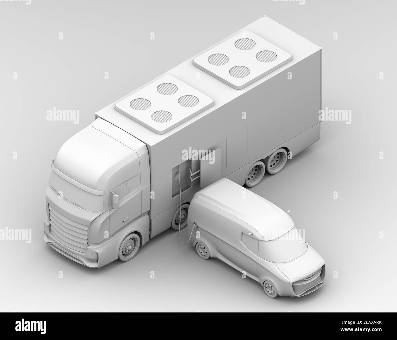 Tonwiedergabe von Elektroautos, die von einem Energieversorgungswagen geladen werden. Mobile Ladestation Konzept. 3D Bildwiedergabe. Stockfoto