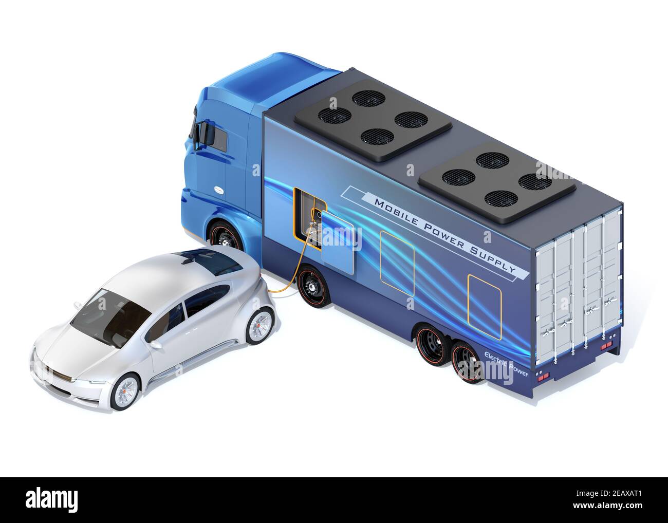 Elektroauto laden von einem Energieversorgungswagen auf weißem Hintergrund. Mobile Ladestation Konzept. 3D Bildwiedergabe. Stockfoto