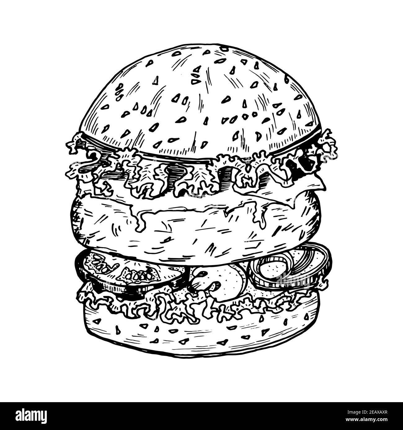 Burger im Vintage-Stil. Fast Food von Gemüse, Koteletts und Brötchen. Handgezeichnete Vintage-Illustration. Stock Vektor