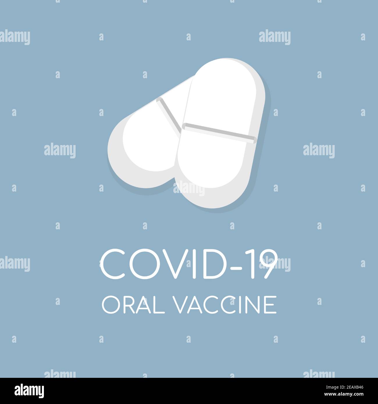 Covid-19 Oral Vaccine Vektor flache Banner-Vorlage mit Textraum. Weiße Tabletten, Pillen auf blauem Hintergrund isoliert. Medikamente gegen gefährliche Coronavirus-Krankheit. Stock Vektor