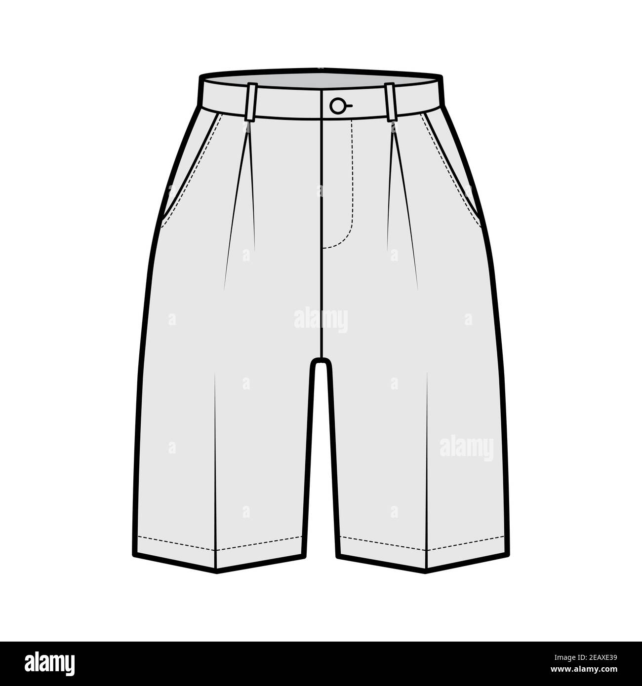 Kurze Bermudakleid Hose technische Mode-Illustration mit über-die-Knie-Länge, Single Falte, normale Taille, hoher Bund. Flat Walking Bottom vorne, graue Farbe Stil. Frauen, Männer CAD-Modell Stock Vektor