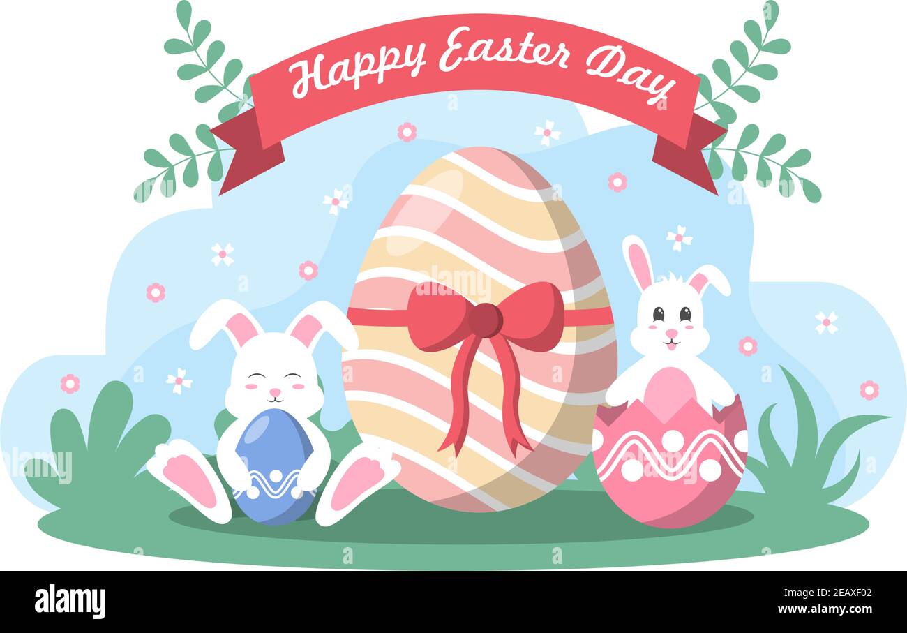 Happy Easter Day Flat Design Illustration Hintergrund für Poster, Einladung und Grußkarte. Kaninchen und Eier Konzept. Stock Vektor