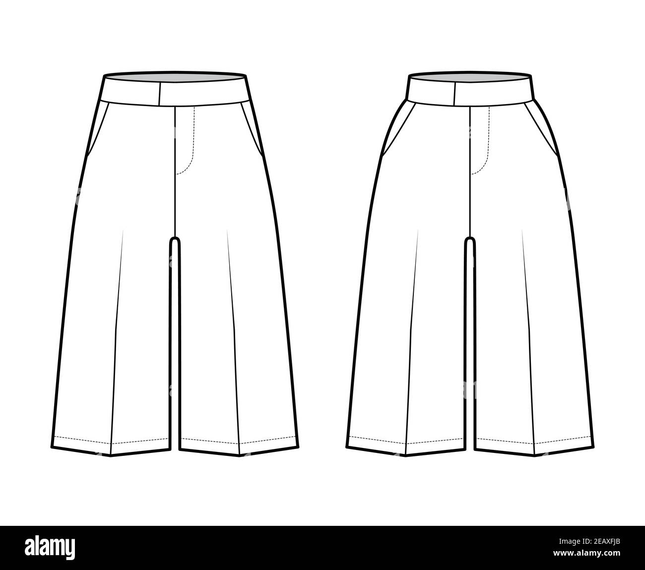 Set von Shorts Bermuda Kleid Hose technische Mode Illustration mit knielangen, normal niedrige Taille, hoher Bund, Gesäßtasche. Flacher Boden Schablone vorne, weiße Farbe Stil. Frauen, CAD-Modell Stock Vektor