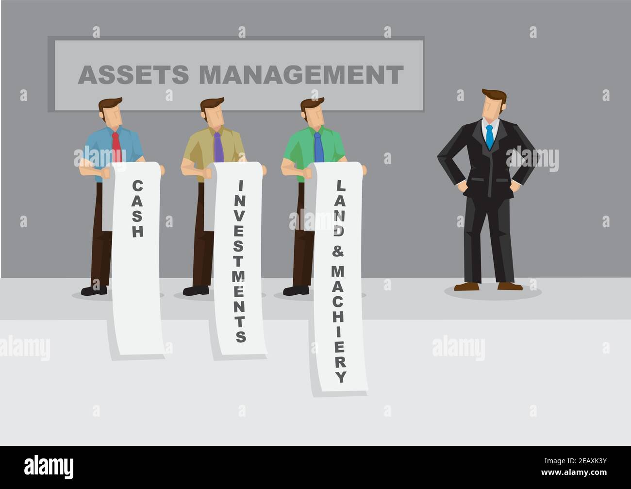 Cartoon-Business-Profi steht vor einer langen Liste von Bargeld, Investitionen und Anlagevermögen. Kreative Vektordarstellung für Metapher über Asset Management für Stock Vektor