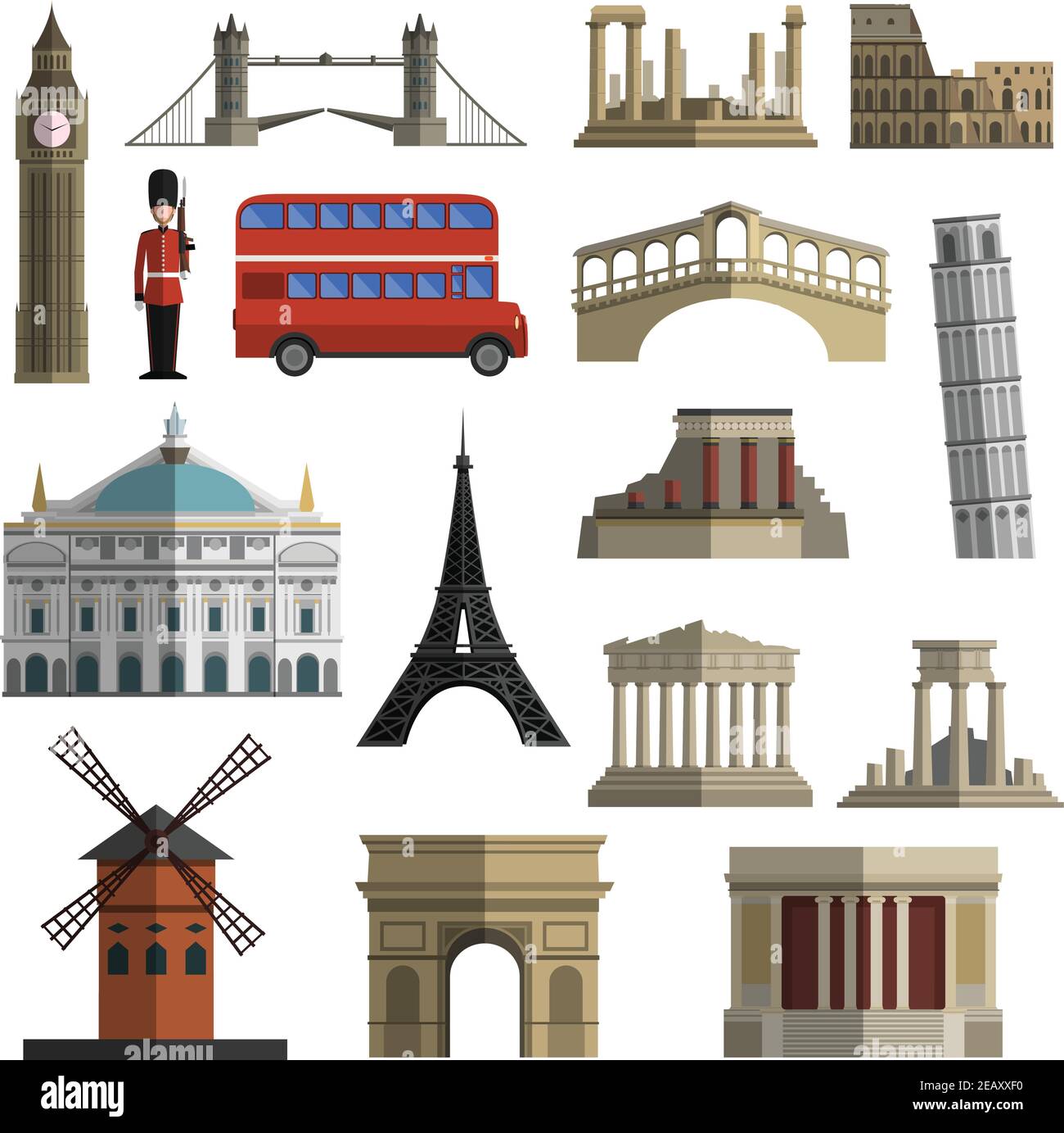 Weltreise historische Wahrzeichen Sightseeing Busrundfahrten flache Ikonen gesetzt Mit Tower Bridge abstrakt isoliert Vektor-Illustration Stock Vektor