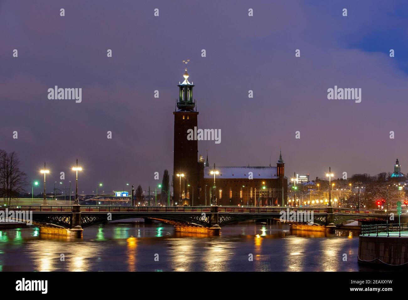 Stockholmer Rathaus, Rathaus, bei Nacht Stockfoto