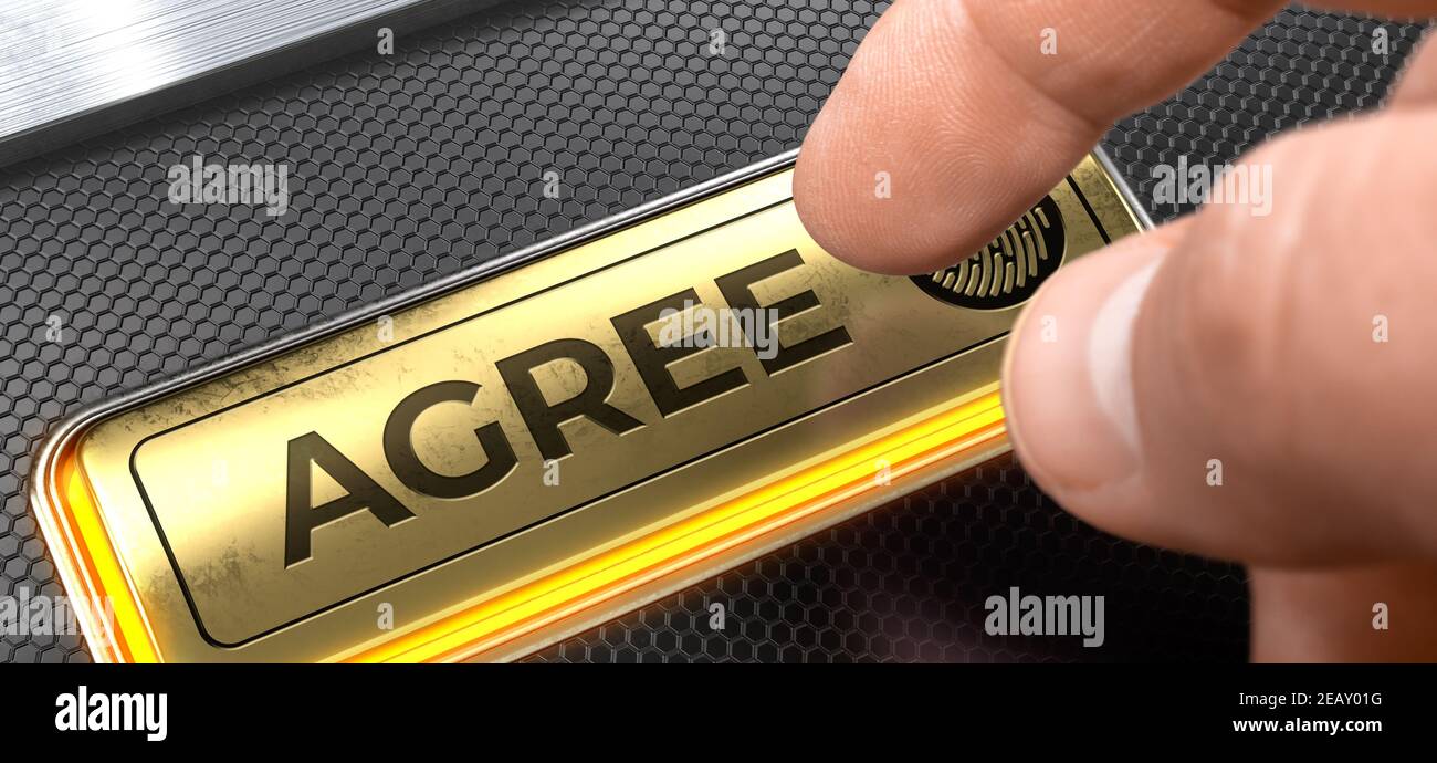 Auf dem Golden Key der Schnittstellentastatur verfasste Vereinbarung. Zustimmen – Schnittstellentastatur mit Goldschlüssel. 3D. Stockfoto