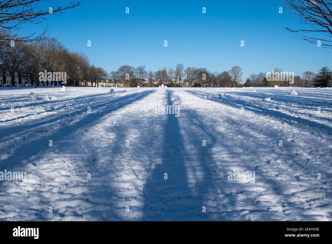 Schneedecke Summerfield Park in Edgbaston, Birmingham, Großbritannien Stockfoto