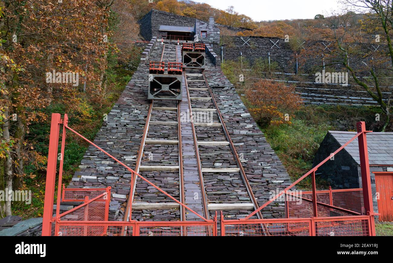 Schiefer-Neigung im National Slate Museum of Wales, Dinorwic Slate Quarry (stillgestellt), Llanberis, Gwynedd, Nordwales. Bild aufgenommen im November 2018. Stockfoto