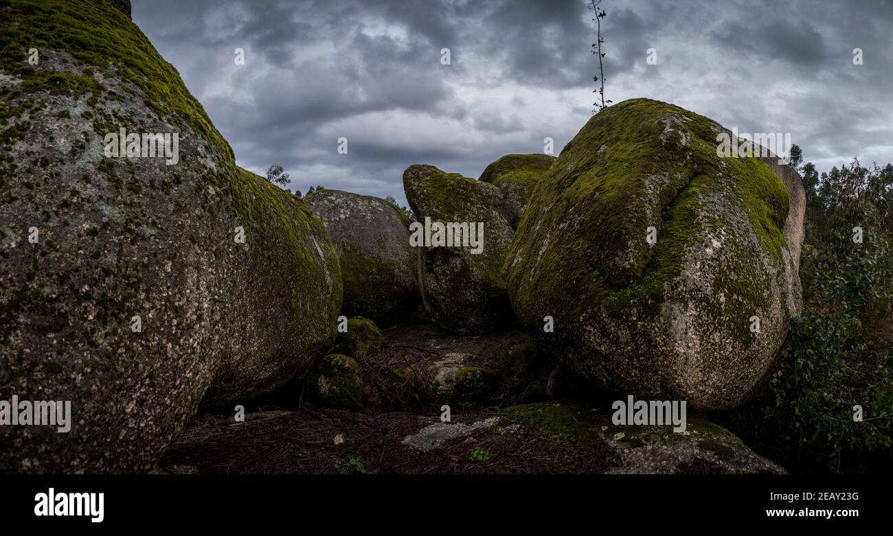 Platz mit vielen großen Steinen mit Moos bedeckt In einer stürmischen Umgebung und grauen Tag Stockfoto