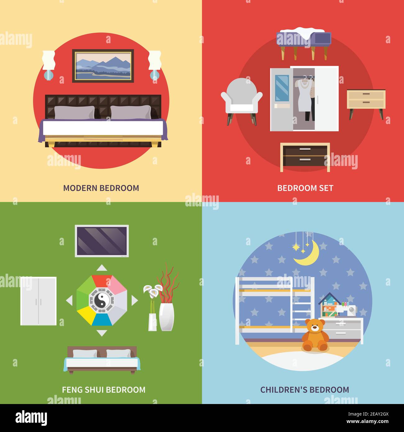 Schlafzimmer Möbel Design-Konzept mit modernen feng Shui Kinder gesetzt Flache Symbole isolierte Vektordarstellung Stock Vektor