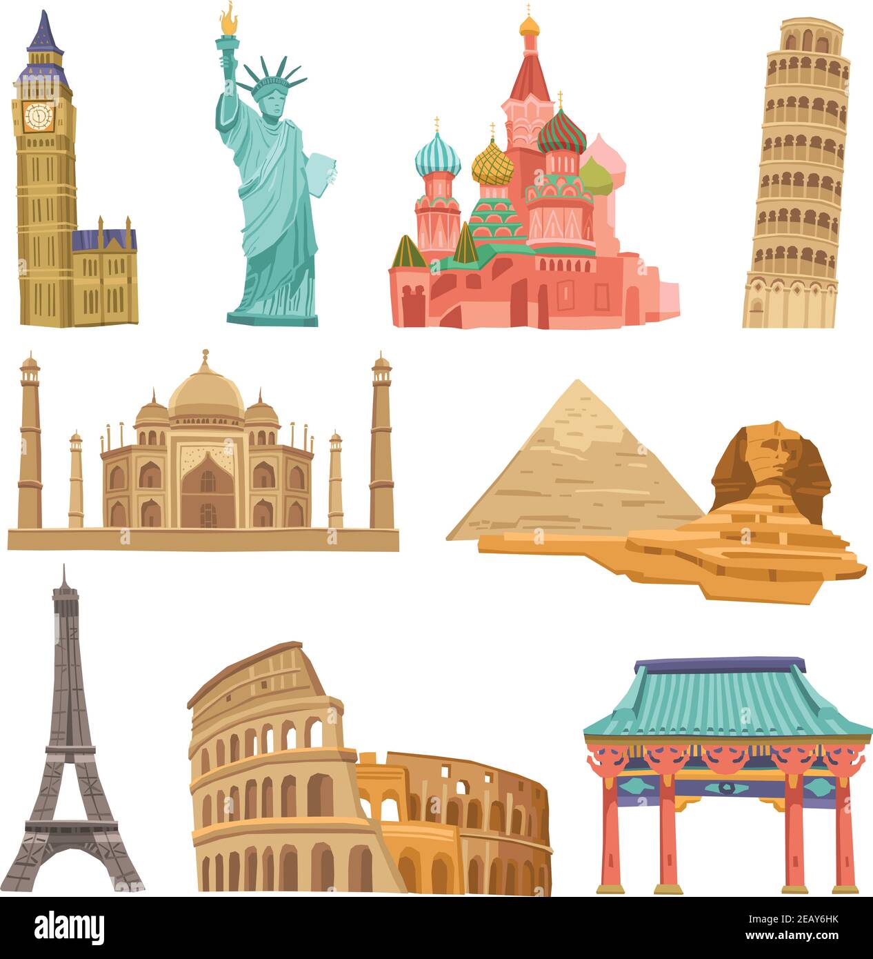 Welt Wahrzeichen flache Ikonen dekoratives Set mit kolosseum taj mahal pisa Turm isoliert Vektor-Illustration Stock Vektor