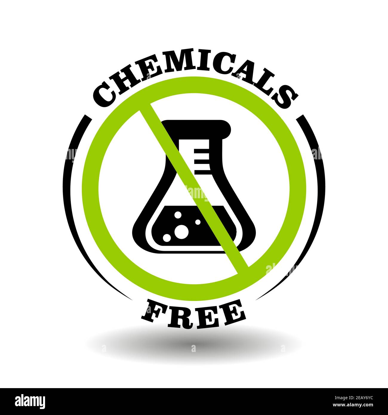 Chemikalien frei Vektor-Stempel für Produktverpackung Symbol. Runde verbotene Schild mit chemisches Flakon Symbol isoliert auf weiß Stock Vektor