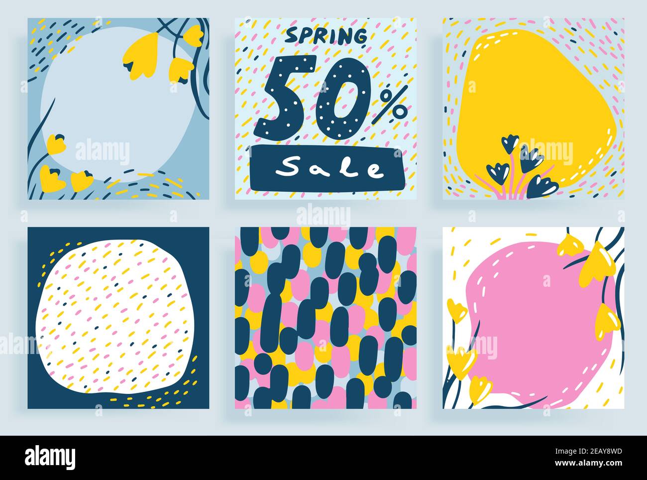 Blumenmuster im Frühling für Social Media Beiträge über Rabatte. Platz für Text kopieren. Satz von Vorlagen minimalistischen Stil Hand gezeichnet Vektor Illustration Doodle Stock Vektor