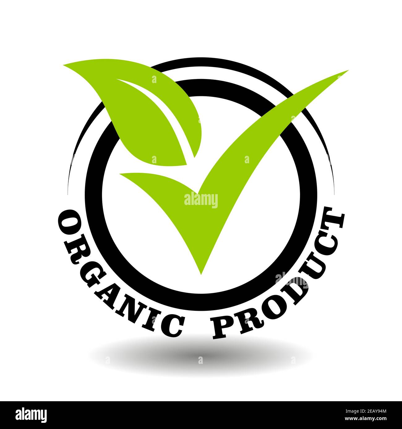 Bio-Produkt-Vektor-Stempel mit grüner Blattdarstellung als Häkchen. Rundes Logo für die Zertifizierung von Bio-Naturkosmetik Verpackung Zeichen Stock Vektor