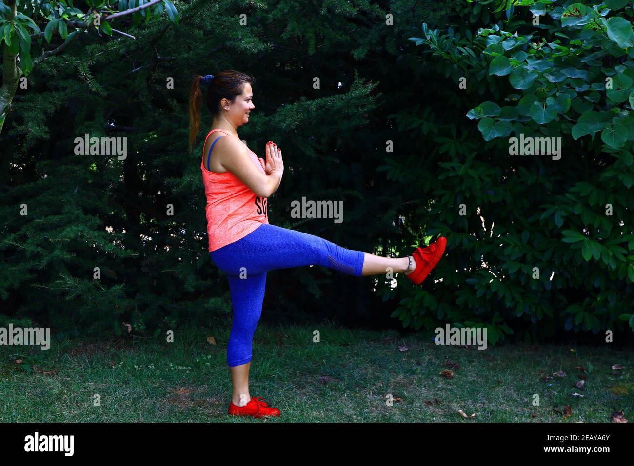 Yoga-Lehrer zeigt utthita hasta padangusthasana, Hand zu großen Zehen Pose auf grünen Gräsern. Stockfoto