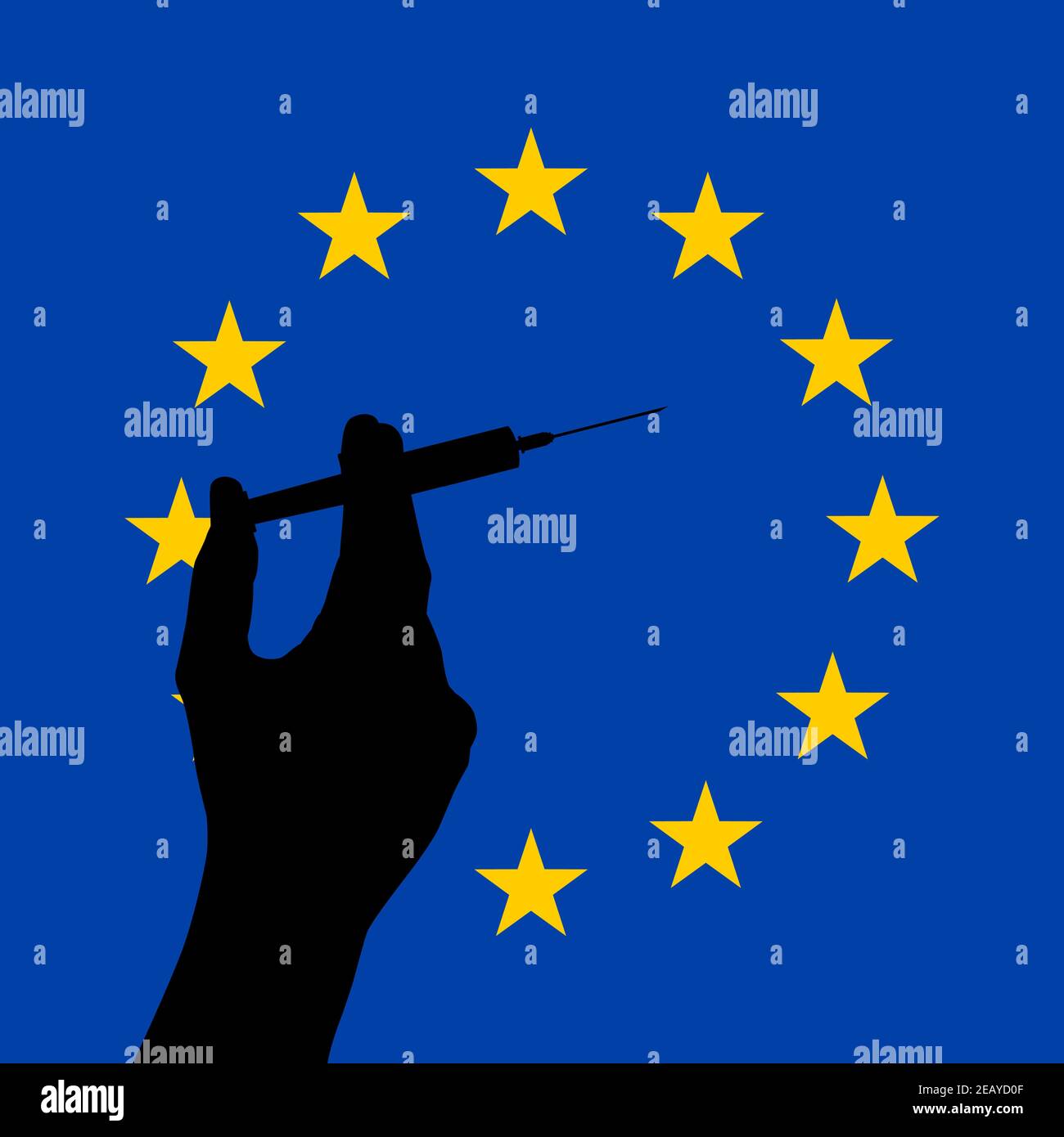 Schwarze Hand Silhouette hält eine Spritze mit einem Impfstoff gegen EU-Flagge. Impfung im Konzept der Europäischen Union. Vektorgrafik Stock Vektor