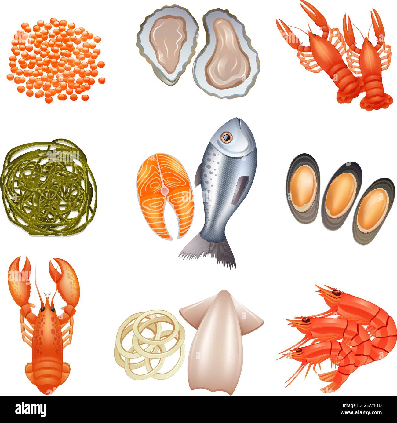 Meeresfrüchte dekorative Symbole mit Kaviar Hummer Fisch Algen isoliert gesetzt vektorgrafik Stock Vektor