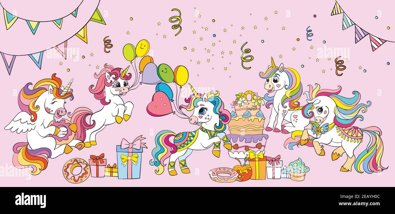 Nette und glückliche Einhörner feiern Geburtstagsfeier. Vektor horizontale farbige Illustration. Poster für Party, drucken, Baby-Dusche, Tapete, Design, Stock Vektor