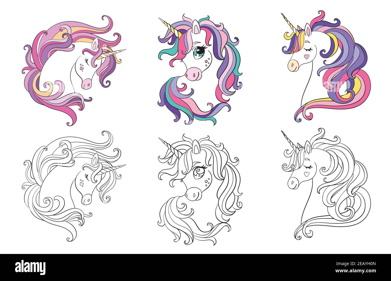 Set von niedlichen Cartoon Köpfe von Einhörnern. Einfarbig und