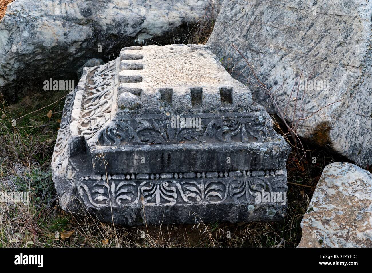 Elemente der antiken architektonischen Dekorationen der antiken Stadt Hierapolis in der Türkei. Textur oder dekoratives Element von orientalischen Muster in türkisch oder OT Stockfoto