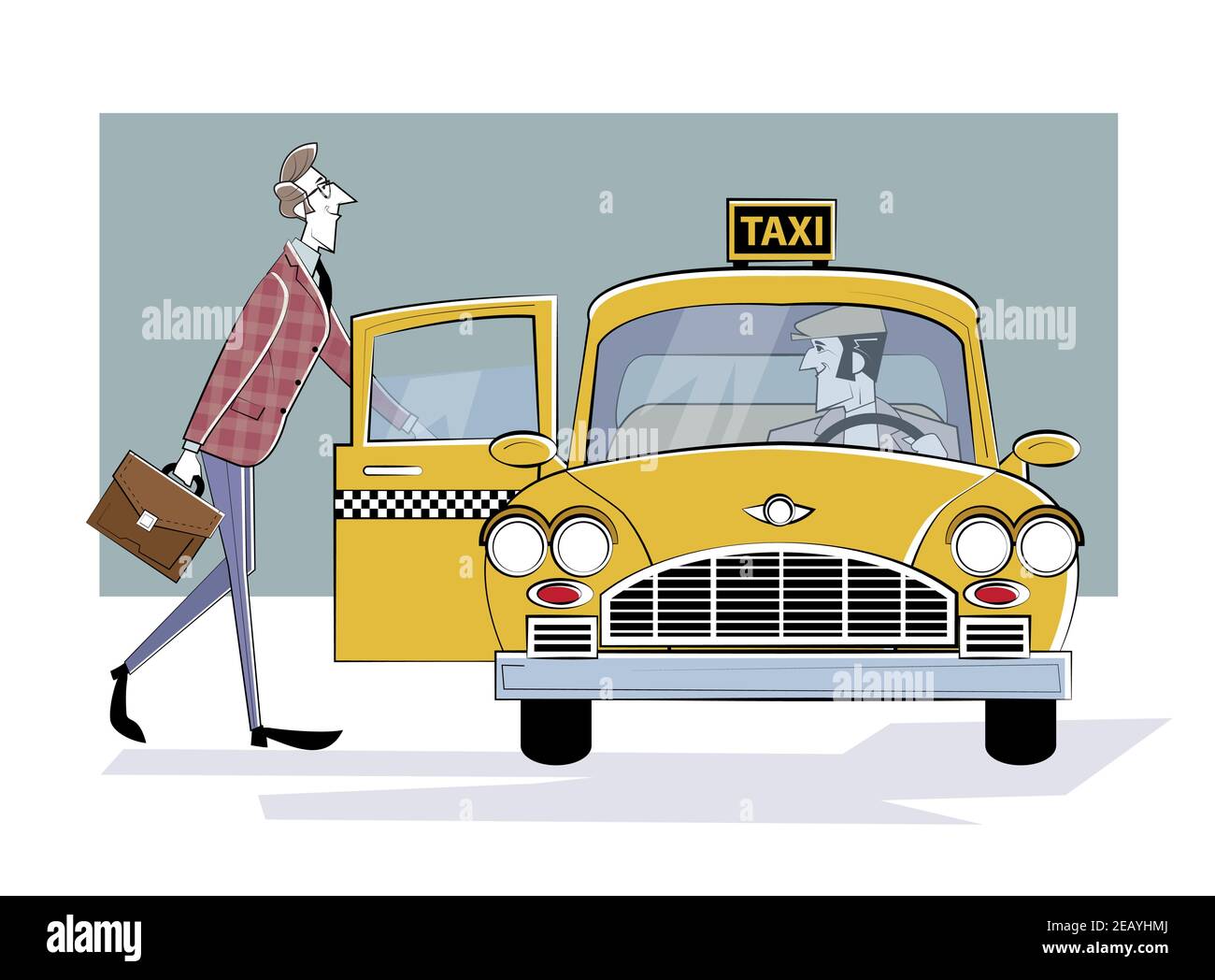 Bestellen Sie ein Taxi. Mann steigt in ein retro Taxi Auto. Geschäftsmann eilt zu einem Meeting. Vektorgrafik. Retro-Illustration im Skizzenstil. Stock Vektor