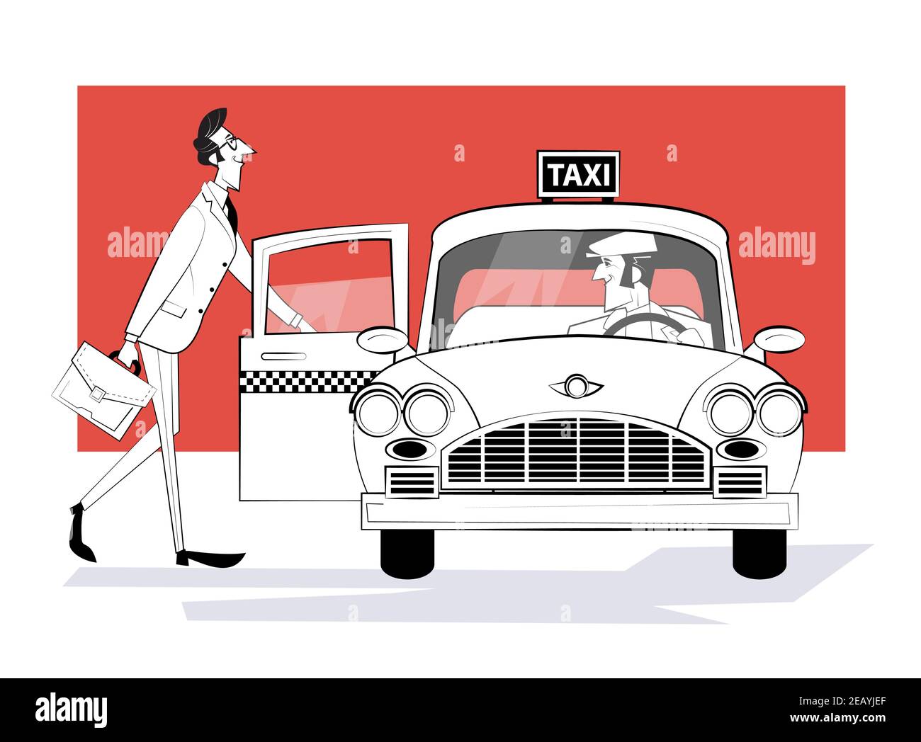 Bestellen Sie ein Taxi. Mann steigt in ein retro Taxi Auto. Geschäftsmann eilt zu einem Meeting. Vektorgrafik. Retro-Illustration im Skizzenstil. Stock Vektor