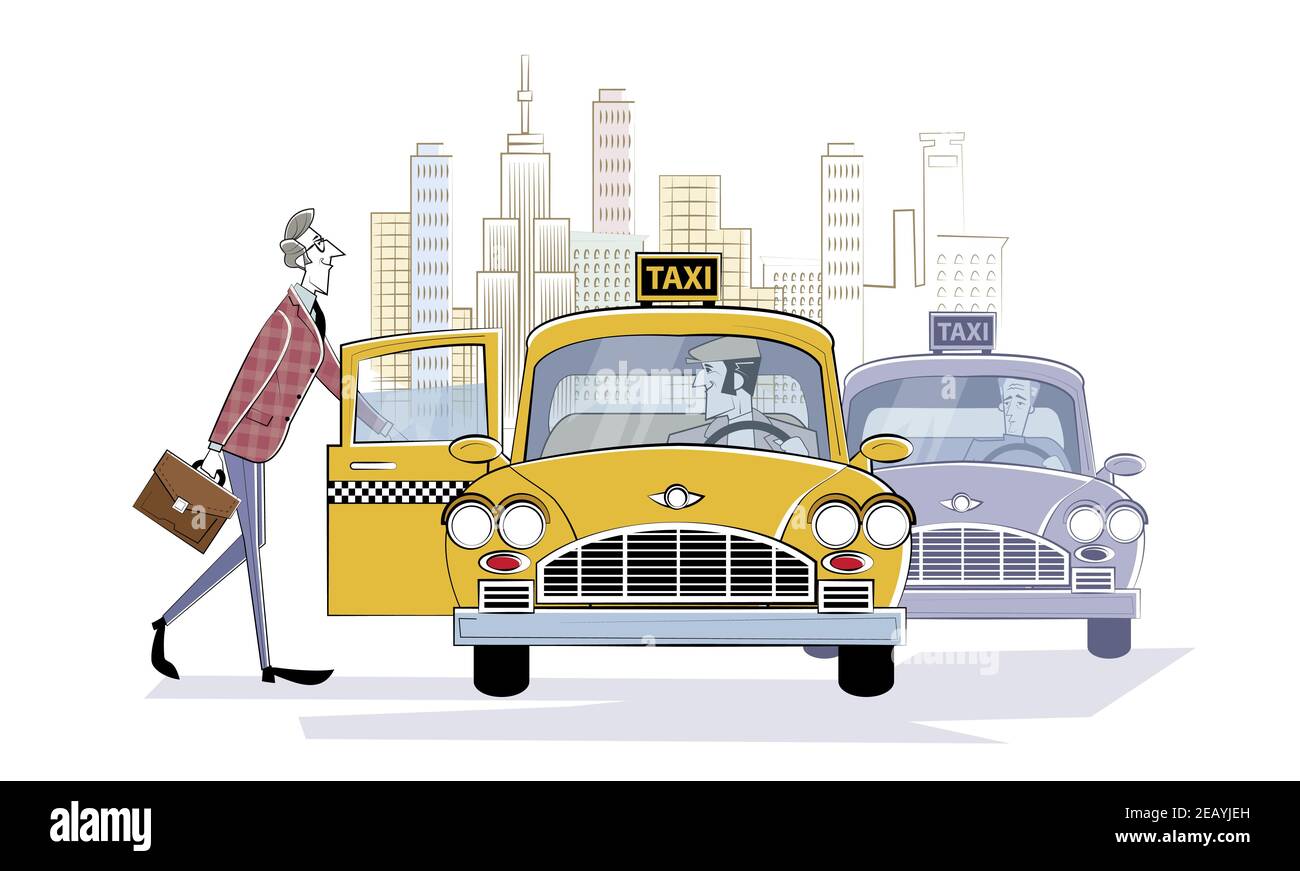 Bestellen Sie ein Taxi. Mann steigt in ein Retro-Taxi auf der Straße einer Großstadt. Geschäftsmann eilt zu einem Meeting. Retro-Illustration im Skizzenstil. Stock Vektor
