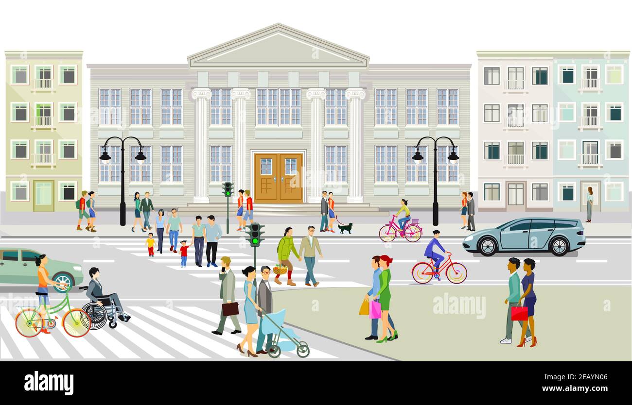 Stadtansicht mit Fußgängerüberweg und Fußgängern, Illustration Stock Vektor