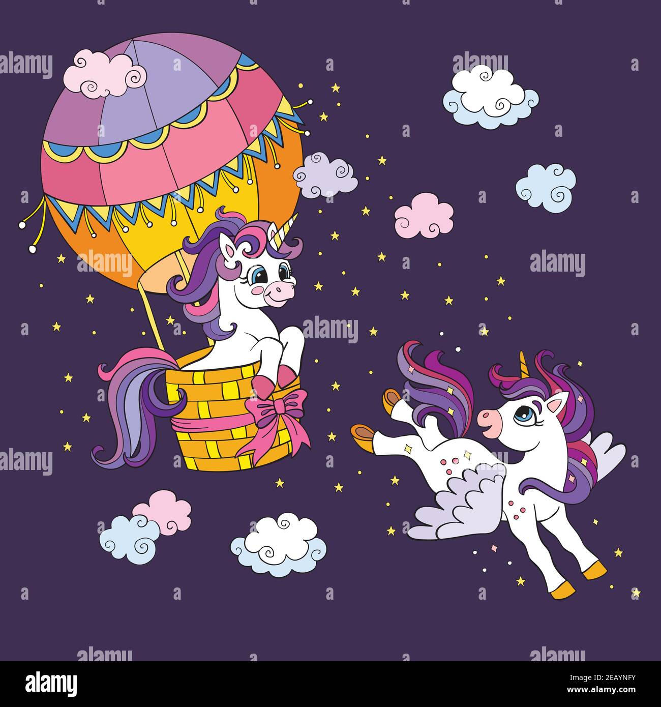 Nette Einhörner in Heißluftballon fliegen in der Nacht wolkigen Himmel. Vektorgrafik farbenfrohe Illustration. Für Party, Druck, Babydusche, Tapete, Design, Dekor, des Stock Vektor